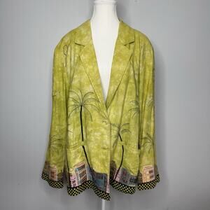 Anage Vintage Style Lime Green Palm Tree Embroidered Cotton Jacket Size M Boho